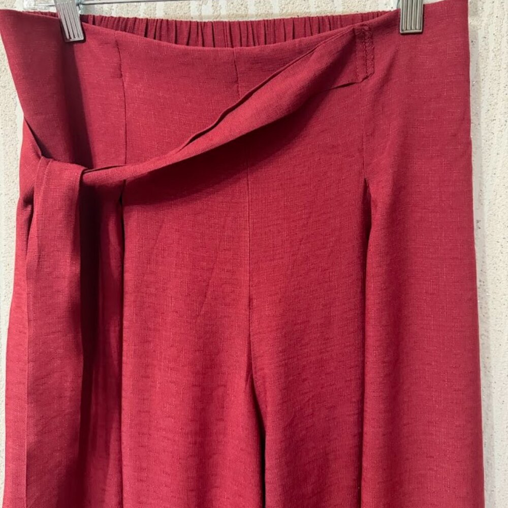 Burgundy High Waist Wide Leg Palazzo Pants Wrap Detail Elastic Back - Picture 5 of 10